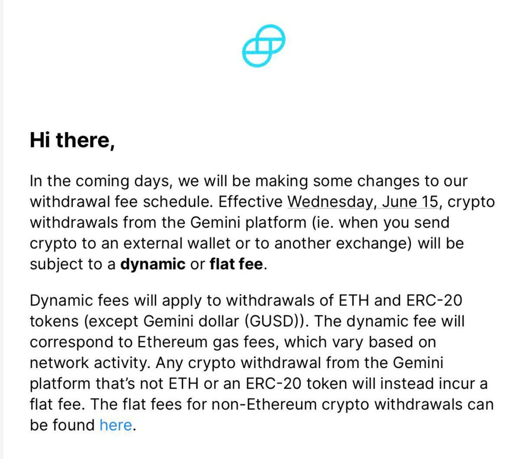 Gemini exchange will no longer provide free crypto withdrawals, starting June 15