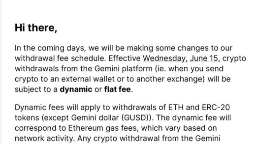 Gemini exchange will no longer provide free crypto withdrawals, starting June 15